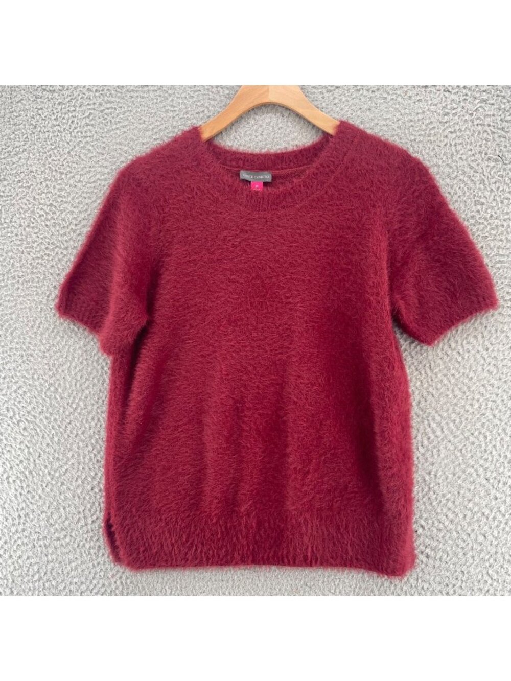 Vince Camuto Sweater Womens Extra Small Burgundy Fuzzy Knit Short Sleeve Stretch